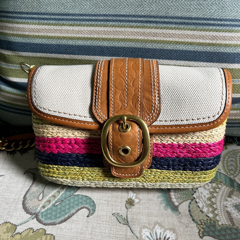 Vintage Coach Natural Multi-colors Straw Bag w/Leather Trim NNT